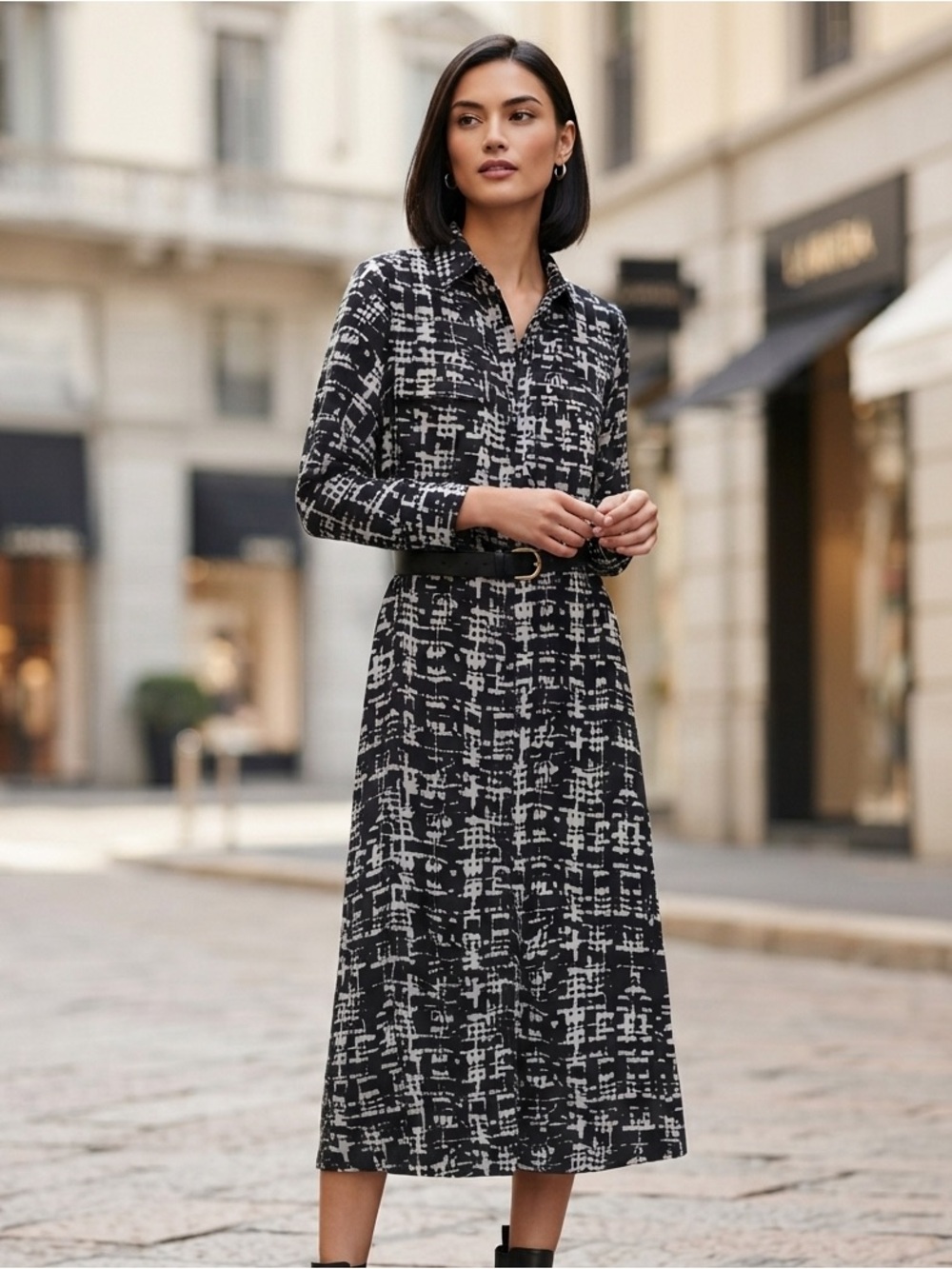 Donna Morgan Black & White Printed Midi Shirt Dress
